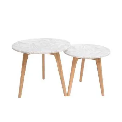 Harlow Round Nest Of Tables Oak white Marble Top