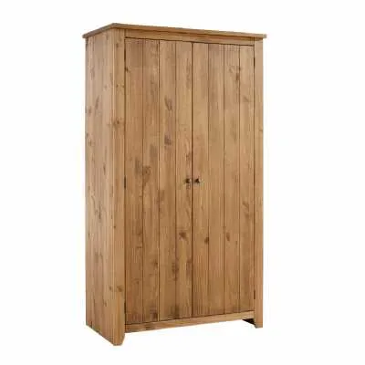 Natural Pine Wood Wax Finished 2 Door Double Wardrobe Shaker Style 186 x 103cm