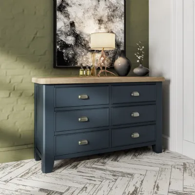Blue Painted Chest of 6 Drawers Light Oak Top