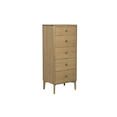Modern Natural Oak 5 Drawer Tallboy Storage Cabinet