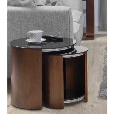 Modern Oak Cylindrical Round Nest of Tables with Black Glass Tops Walnut Body