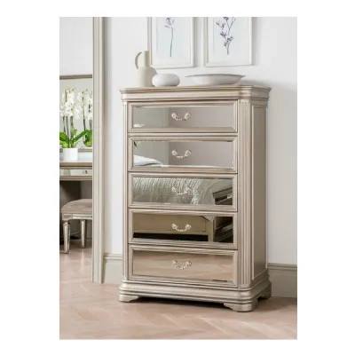 Mirrored Glass Taupe Painted Tall Chest of 5 Drawers