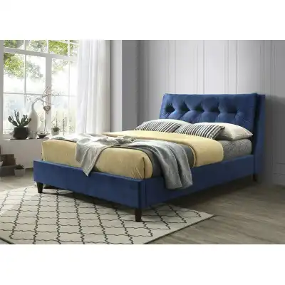 Blue Velvet Fabric King Size Bed Buttoned Headboard