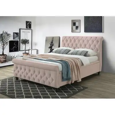 Pink Linen Buttoned Double Ottoman Bed with Storage