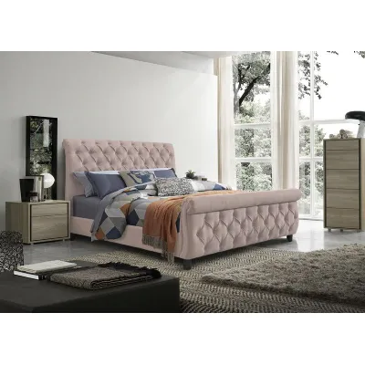 Blush Pink Linen Effect Fabric King Size Ottoman Bed