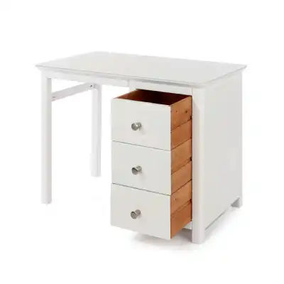 White Painted Compact Single Pedestal Dressing Table Glass Top 3 Drawers