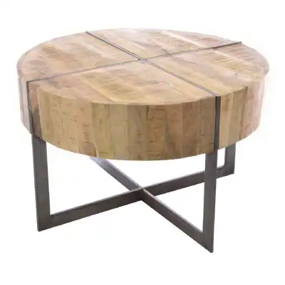 Chunky Wood Round Coffee Table Cross Metal Legs
