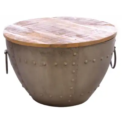 Round Wood Top Metal Drum Base Storage Coffee Table