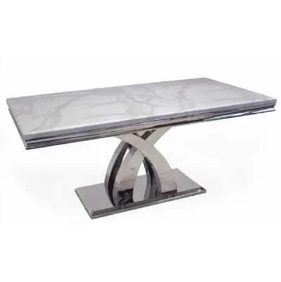 Ottavia Bone White Marble Dining Table Medium 180cm 6 Seater Polished Metal Base
