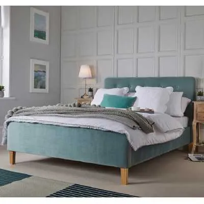 4ft6in 135cm Double Bed Frame Aqua Velvet Fabric Upholstery Light Oak Legs Buttoned
