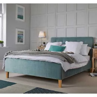 5ft 150cm King Size Bed Frame Aqua Velvet Fabric Upholstery Light Oak Legs Buttoned