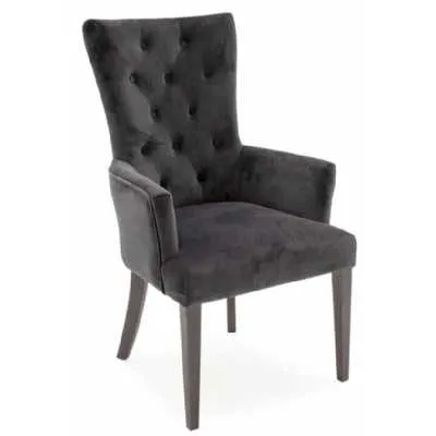 Pembroke Charcoal Velvet Fabric Upholstered Buttoned Back Arm Chair Wooden Legs