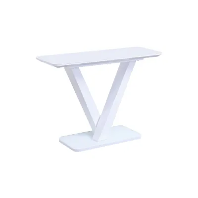 Modern White Glass Top Console Table V Shaped Steel Base