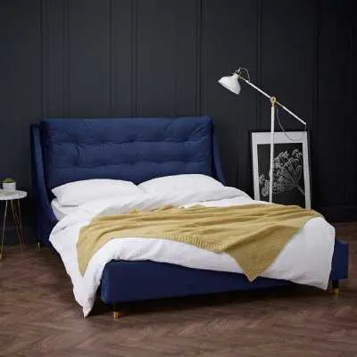 Blue Velvet Fabric Upholstered King Size 5ft 150cm Bed Buttoned Headboard