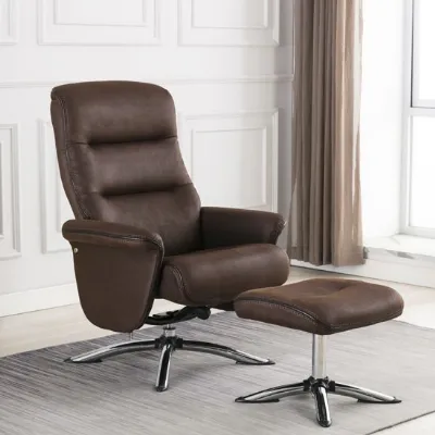 Brown Leather Swivel Recliner Armchair and Footstool Set