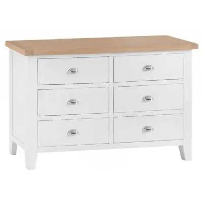 White Painted Wood Midi Wide Chest of 6 Drawers Lime Washed Oak Top
