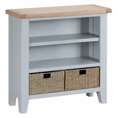 Modern Oak Wood Grey Painted Small Bookcase With Shelf And 2 Wicker Baskets 90 x 90cm
