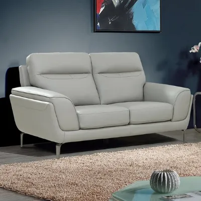 Modern Grey Leather 2 Seater Fixed Sofa Metal Legs