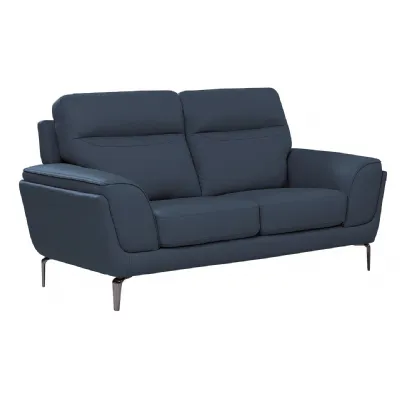 Modern Blue Leather 2 Seater Fixed Sofa Metal Legs