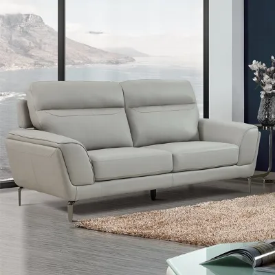 Modern Grey Leather 3 Seater Fixed Sofa Metal Legs