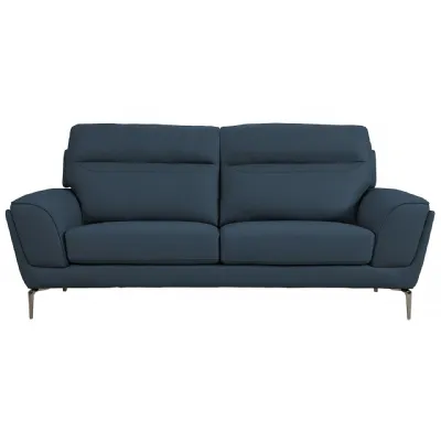 Modern Blue Leather 3 Seater Fixed Sofa Metal Legs