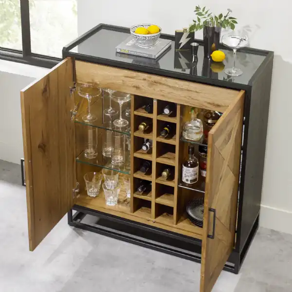 Rustic Oak Glass Top Drinks Cabinet Black Metal Base