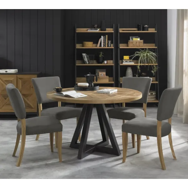 Rustic Oak Round Dining Table 4 Dark Grey Fabric Chairs