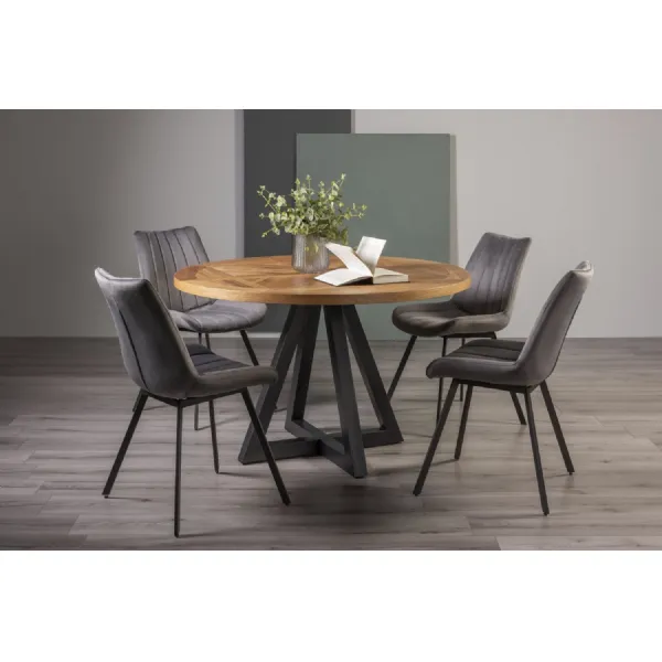 Rustic Oak Round Dining Table Set 4 Light Grey Chairs