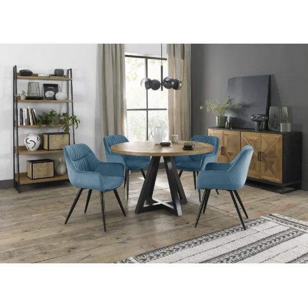 Rustic Oak Round Dining Table Set 4 Blue Velvet Tub Chairs