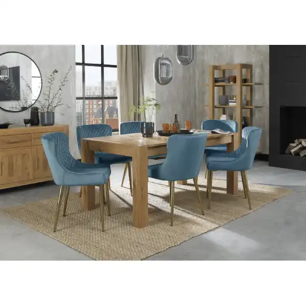 Oak Rectangular Extending Dining Set 6 Blue Velvet Chairs