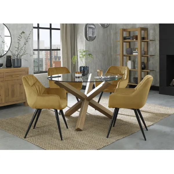 Oak Glass Top Round Dining Table Set 4 Yellow Velvet Chairs