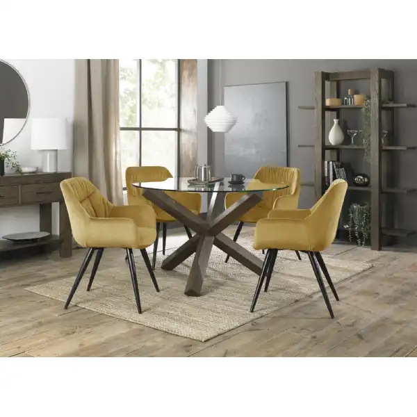 Round Glass Dining Table Set Oak Legs 4 Yellow Velvet Chairs