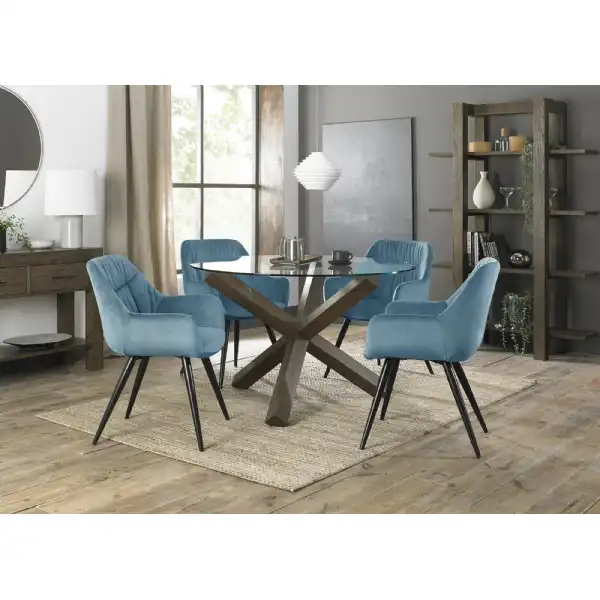 Clear Glass Round Dining Set 4 Blue Velvet Chairs