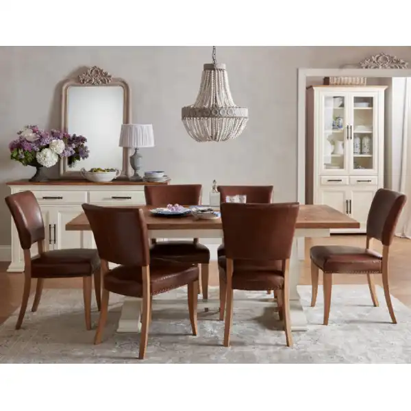 2 Tone Dining Table 6 Rustic Oak Chairs in Tan Leather