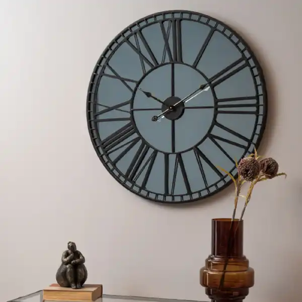 Large Black Metal Mirrored Round Skeleton Wall Clock
