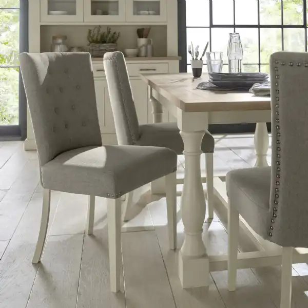 White Painted Grey Fabric Dining Chair Buttoned Backrest