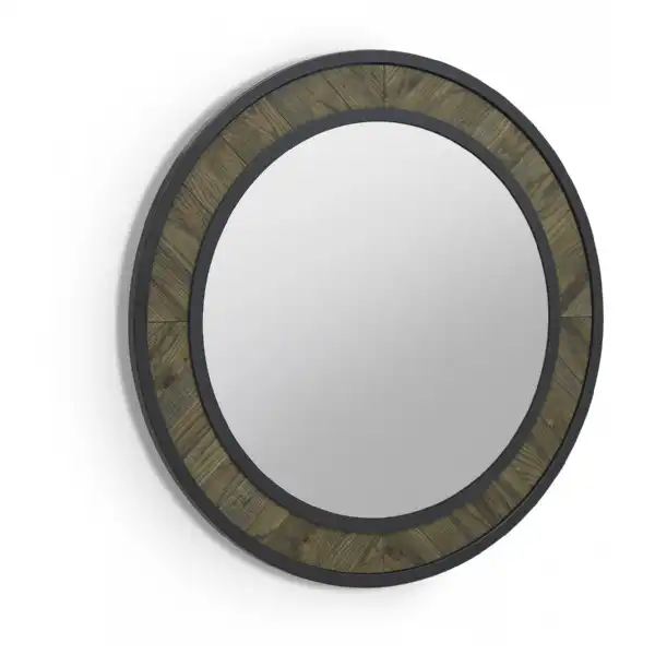 Fumed Oak Round Metal Wall Mirror 80cm Diameter