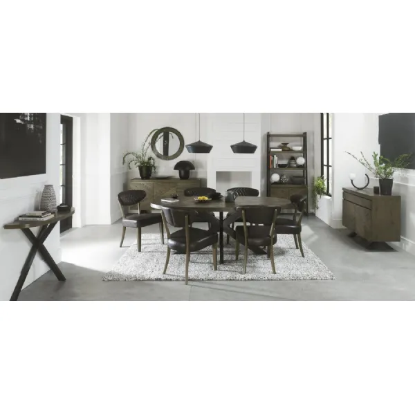 Dark Oak Oval Large Dining Table 6 Grey Leather Chairs Set