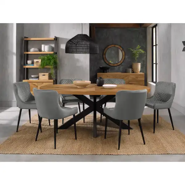 Rustic Oak Oval Dining Table 6 Grey Velvet Fabric Chairs Set