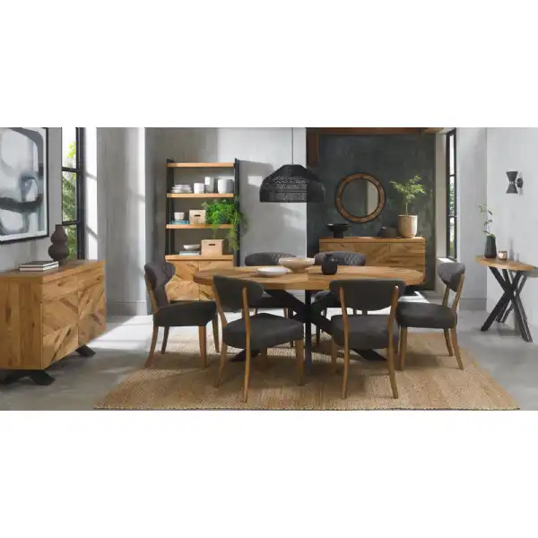 Rustic Oak Oval Dining Table Set 6 Dark Grey Fabric Chairs