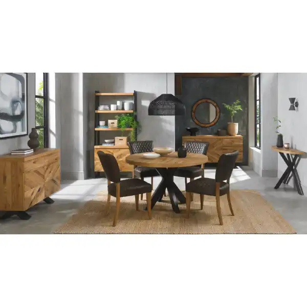 Rustic Oak Round Dining Table Set 4 Grey Leather Chairs