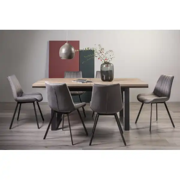 Weathered Oak Dining Table Set 6 Grey Velvet Fabric Chairs
