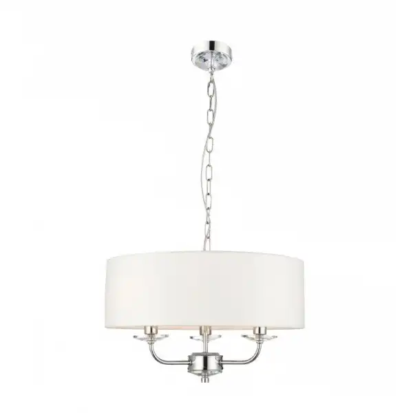 Polished Nickel Plated Vintage White Fabric 3 Pendant Ceiling Light