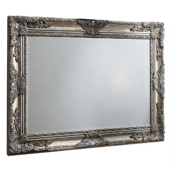 Large Silver Rectangular Wall Mirror Ornate Carved Frame Bevelled Glass