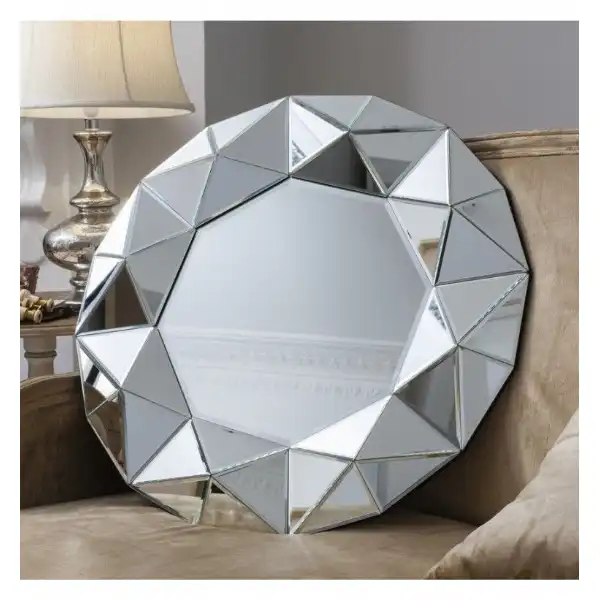 Silver Colour Octagonal Round Wall Mirror Geometric Detailing