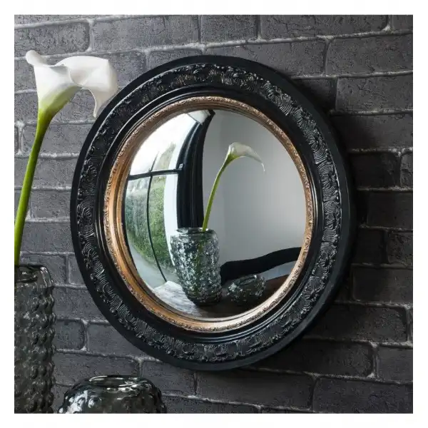 Industrial Round Black And Inner Gold Convex Glass Porthole Wall Mirror 51cm Diameter