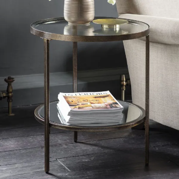 Aged Bronze Round Metal Side Table Glass Top and Shelf
