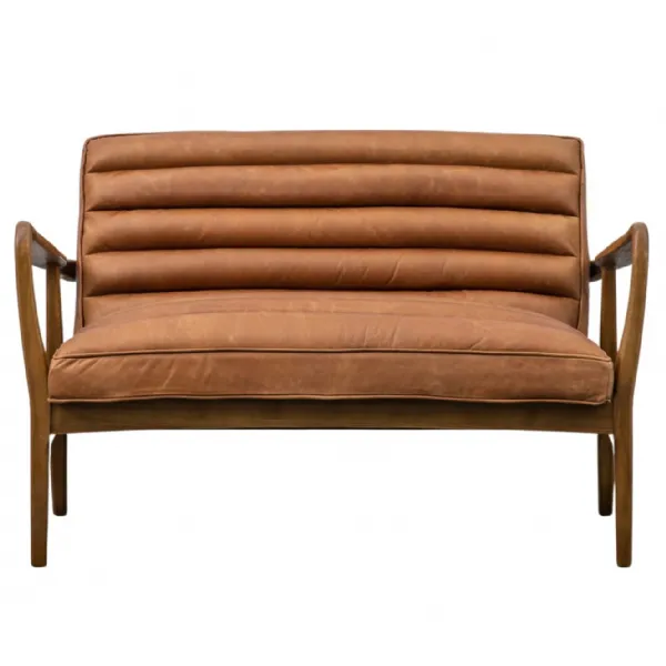 Tan Brown Ribbed Leather 2 Seater Sofa Oak Wooden Arms