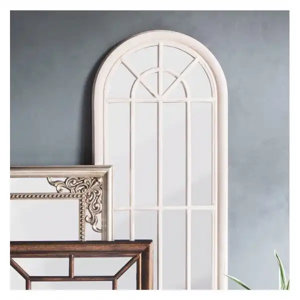 Large Tall Multi Window Antique White Wood Arched Panelled Leaner Wall Mirror