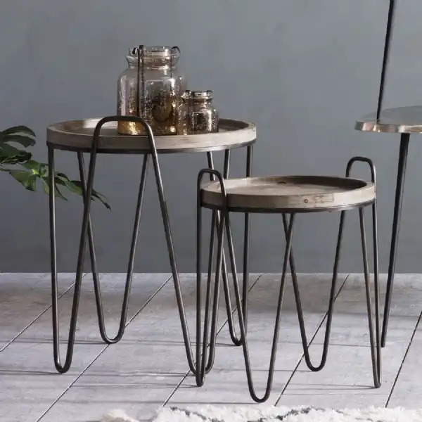 Round Nest of 2 Tray Top Tables Black Hairpin Metal Legs